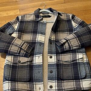 Jenni Kayne Farmhouse flannel shirt jacket. Plaid wool shirt jacket Sherpa lined